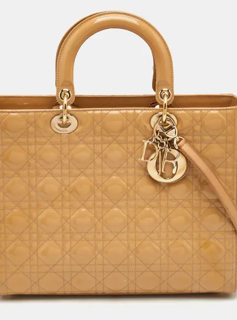 Dior Lady Dior Large Beige Cannage Patent Leather Tote