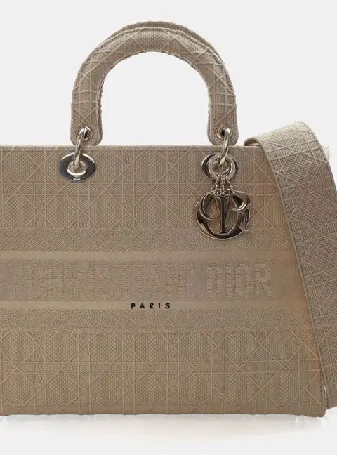 Christian Dior Lady D-Lite Large Beige Embroidered Canvas Top Handle Bag
