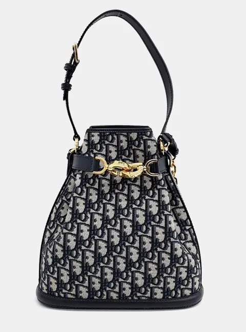 Christian Dior Oblique Se Dior Medium Navy Blue Beige Oblique Canvas Calfskin Leather Bucket Bag
