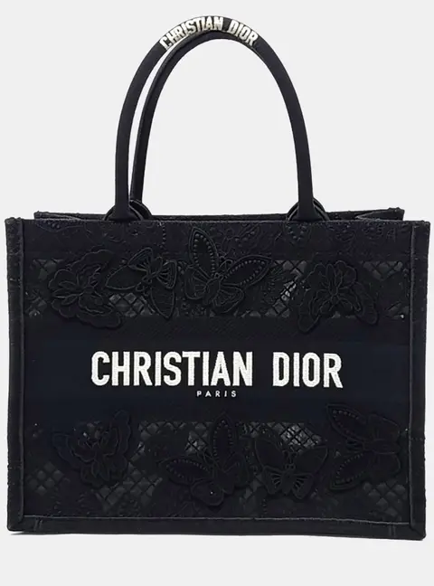 Christian Dior Book Tote 36 Black Canvas Embroidered Flowers And Butterflies Tote Bag