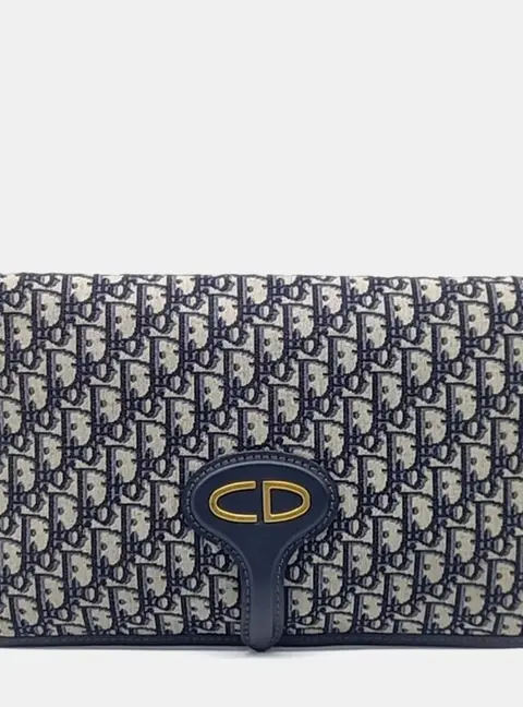 Christian Dior Oblique Beige Navy Blue Canvas Folding Clutch Bag
