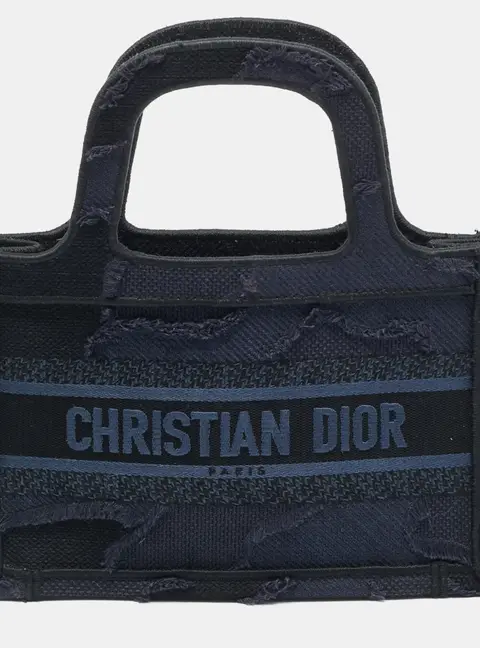 Dior Book Mini Navy Blue Embroidered Logo Canvas Tote