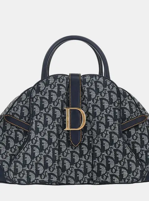 Christian Dior Double Saddle Blue Oblique Canvas Leather Top Handle Bag