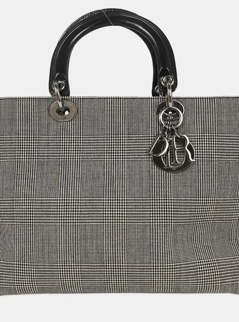 Christian Dior Lady Dior Houndstooth Black Canvas Top Handle Bag