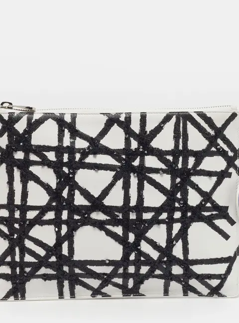 Dior x Daniel Gordon Limited Edition Zip Art White/Black Cannage Sequins and Leather Pouch