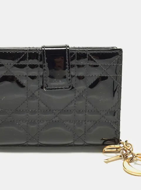 Dior Lady Dior Black Cannage Patent Leather Compact Wallet