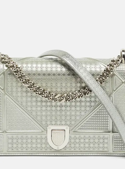 Dior Diorama Medium Silver Microcannage Patent Leather Shoulder Bag