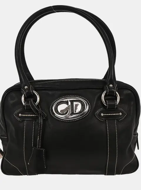Christian Dior CD Logos Plate Black Leather Top Handle Bag