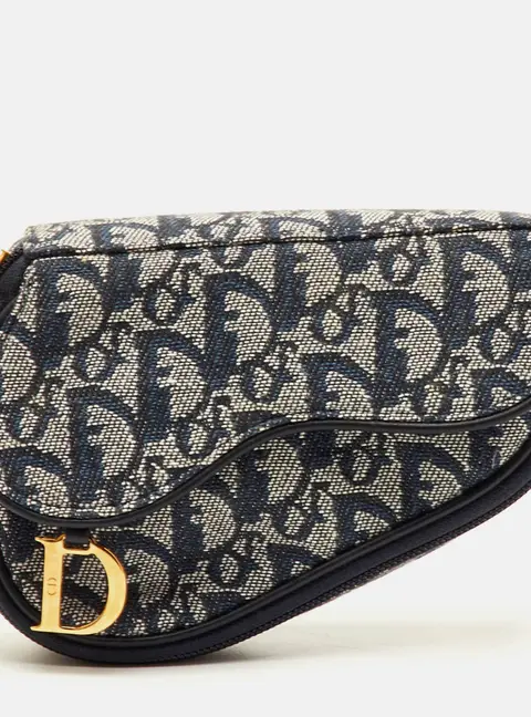 Dior Saddle Navy Blue Oblique Canvas and Leather Pouch Clutch