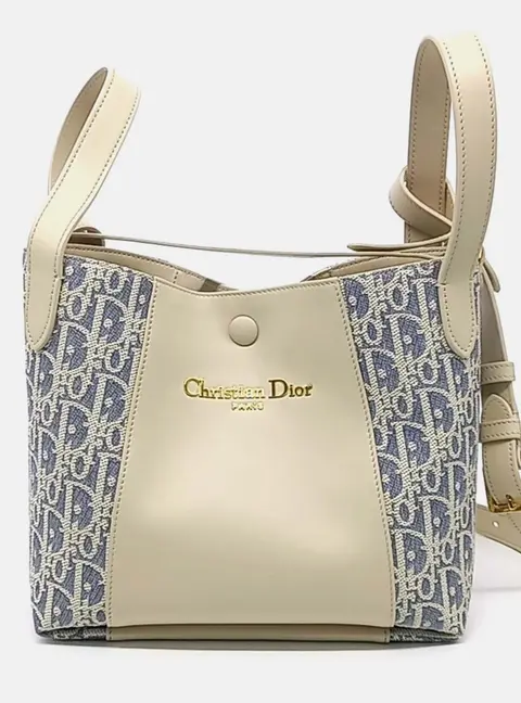 Christian Dior Signature Bucket Bag Beige Blue Calfskin Leather Cotton Top Handle Bag