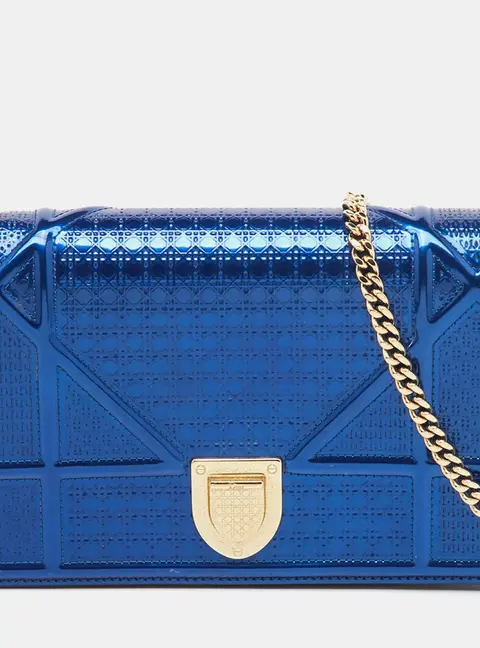 Dior Metallic Blue Micro Cannage Patent Leather Diorama Wallet on Chain