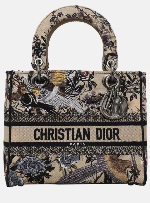 Christian Dior Lady D-Lite Medium Beige Multicolor Embroidered Canvas Top Handle Bag
