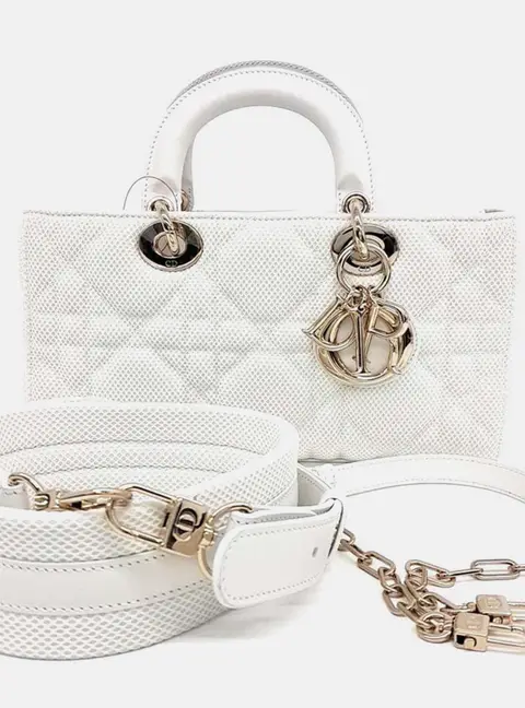 Dior Lady D-Joy Medium White Fabric Top Handle Bag