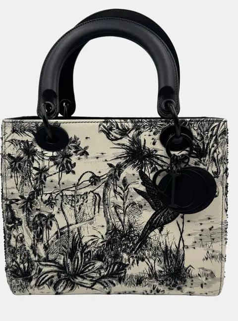 Dior Lady Dior Mini So Black Limited Edition Black White Calfskin Leather Beaded Top Handle Bag