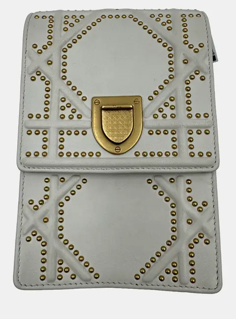 Dior Diorama Vertical Chain Clutch White Leather Studded Bag
