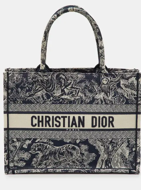 Dior Navy Blue/Beige Toile De Jouy Embroidered Canvas Medium Book Tote