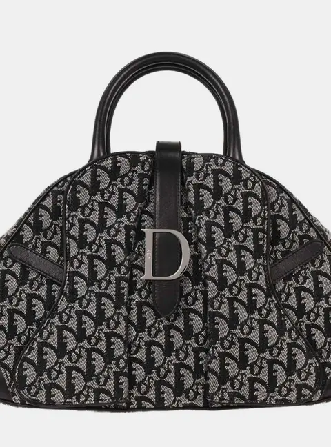 Christian Dior Double Saddle Black Oblique Canvas Leather Top Handle Bag
