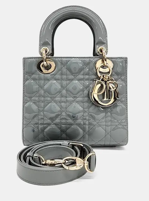 Dior Grey Patent Leather Patent Cannage Lady Bag Small