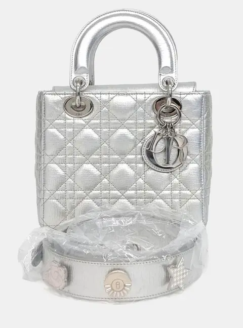 Dior Lady Dior Small Silver Metallic Cannage Lambskin Leather Top Handle Bag