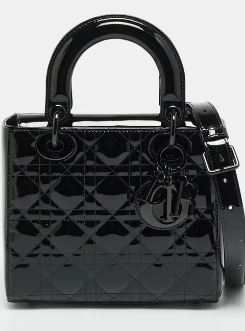 Dior Lady Dior Small Black Cannage Patent Leather Tote