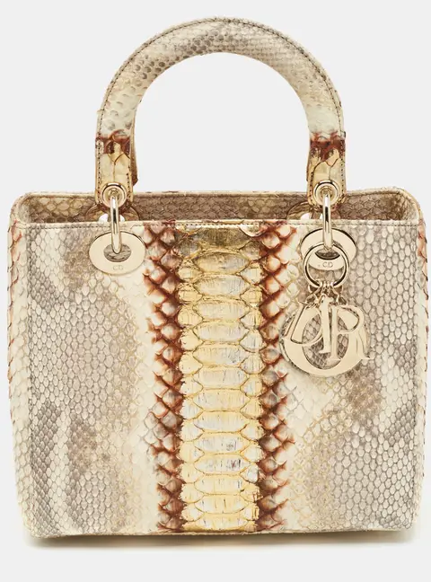 Dior Lady Dior Medium Gold/Beige Python Leather Tote