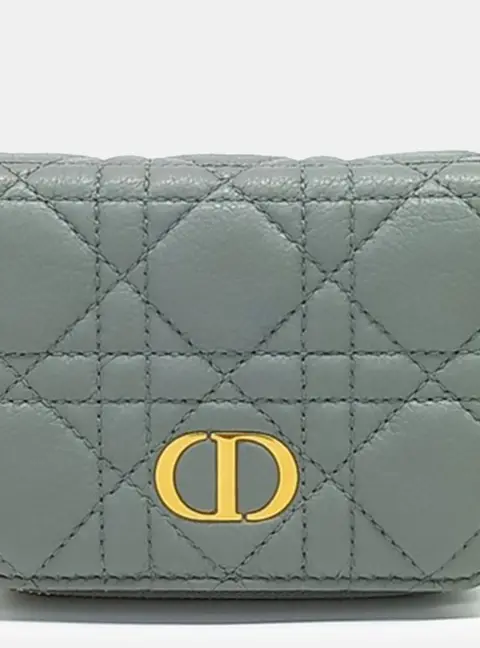 Dior Caro Compact Wallet Blue Grey Cannage Lambskin Leather Wallet
