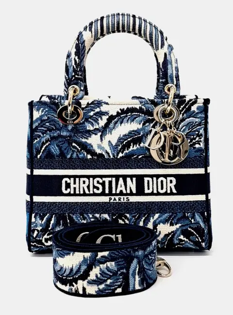 Christian Dior Lady D-Lite Medium Blue White Embroidered Canvas Top Handle Bag