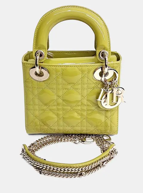 Christian Dior Lady Dior Mini Chartreuse Patent Leather Top Handle Bag