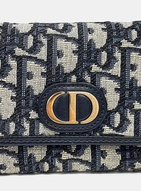 Dior 30 Montaigne Tri-Fold Wallet Navy Blue Oblique Canvas Leather Small Wallet Bag