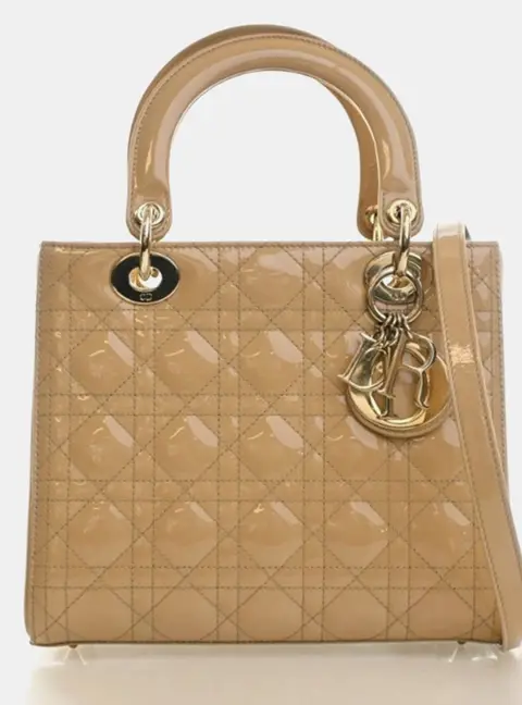 Christian Dior Lady Dior Medium Nude Patent Leather Top Handle Bag