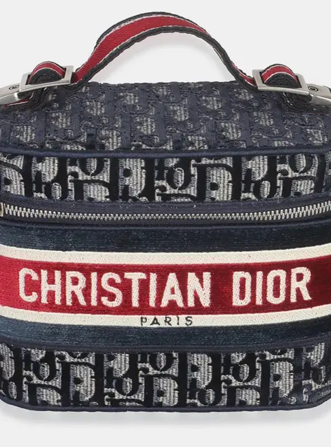 Christian Dior Diortravel Vanity Case Blue Red Oblique Velvet Top Handle Bag