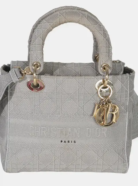 Christian Dior Gray Canvas Cannage Embroidered Medium Lady D-Lite Bag