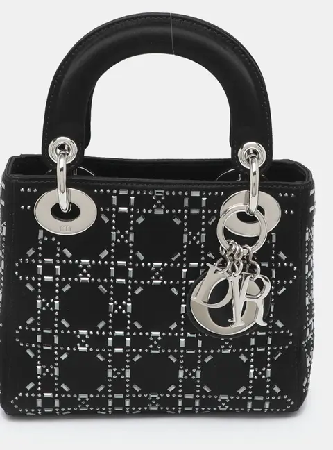 Dior Black Lady Dior Mini Rhinestone Cannage Satin Tote