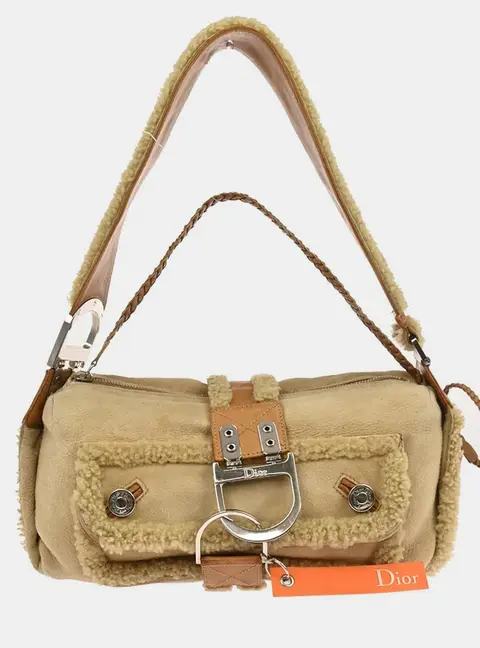 Dior Flight Beige Shearling Mouton Leather Shoulder Bag