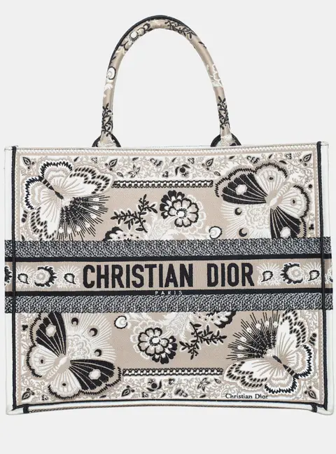 Christian Dior Book Tote Large Beige Multicolor Embroidered Canvas Tote Bag