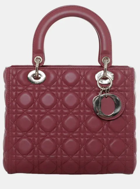 Dior Lady Dior Medium Burgundy Cannage Quilted Lambskin Leather Top Handle Bag
