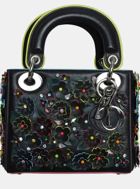 Dior Lady Dior Mini Black Lambskin Leather Top Handle Bag