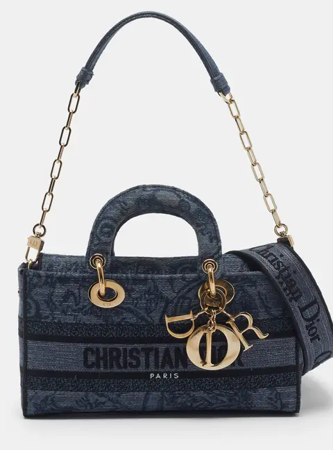 Dior Lady D-Joy Medium Blue/Black Embroidered Denim Tote
