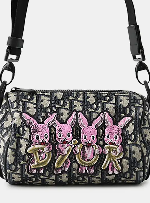 Dior Oblique Kids Rabbit Roller Mini Black Beige Pink Canvas Shoulder Bag