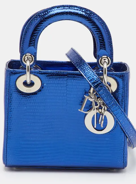 Dior Lady Dior Mini Metallic Blue Lizard Embossed Leather Tote