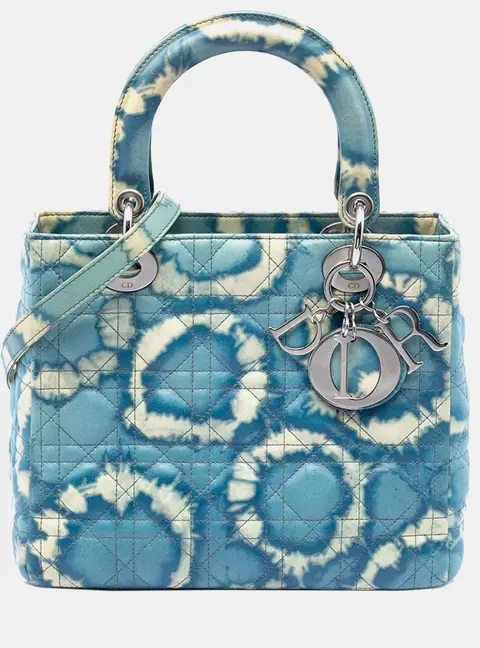 Christian Dior Lady Dior Medium Blue White Tie Dye Calfskin Leather Top Handle Bag