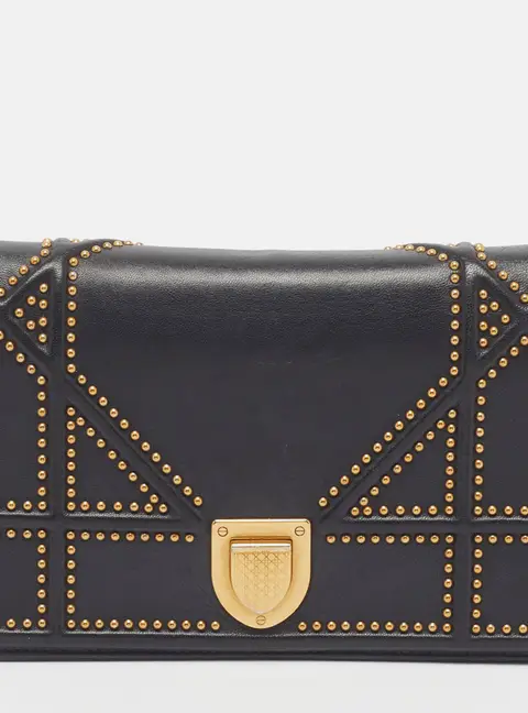 Dior Black Leather Studded Diorama Wallet on Chain