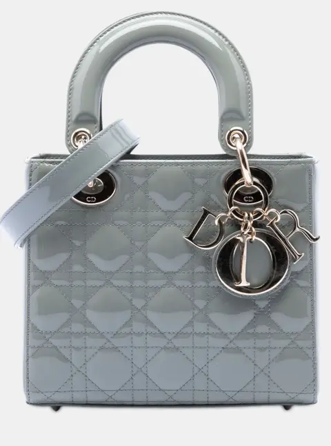 Dior Small Patent Cannage Lady Dior Bag Gray Patent Leather Top Handle Bag
