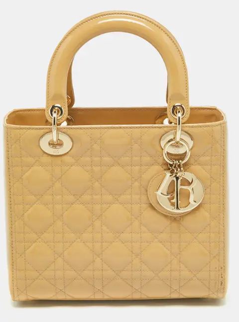 Dior Lady Dior Medium Beige Cannage Patent Leather Tote