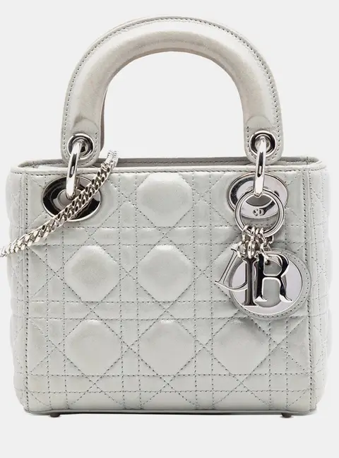 Dior Lady Dior Mini Silver Iridescent Lambskin Cannage Top Handle Bag