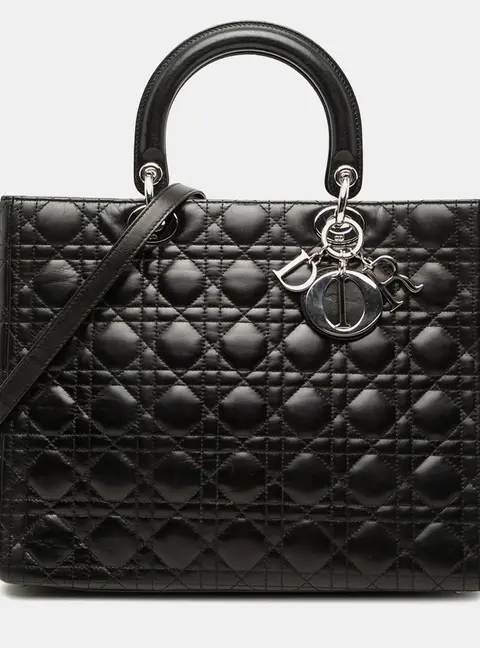 Dior Lady Dior Large Black Cannage Lambskin Leather Top Handle Bag