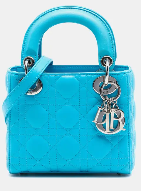 Dior Blue Christian Dior Lady Dior Mini Blue Cannage Lambskin Leather Top Handle Bag