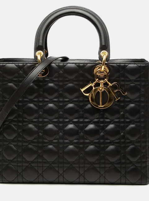 Christian Dior Lady Dior Large Black Lambskin Cannage Top Handle Bag