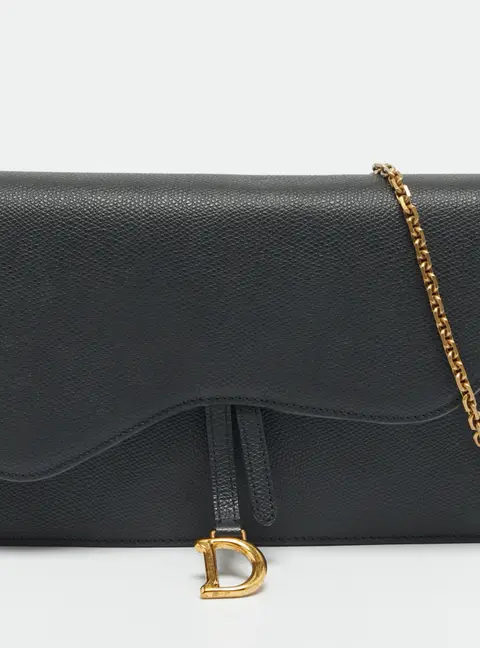 Dior Saddle Pouch Black Leather Wallet On Chain