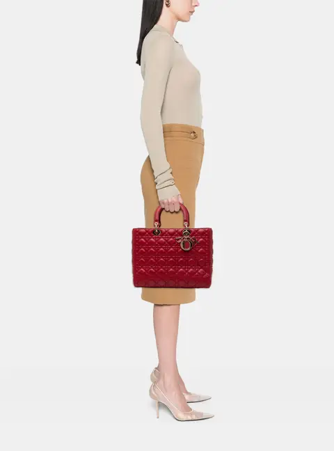 Christian Dior Lady Dior Large Red Lambskin Leather Top Handle Bag